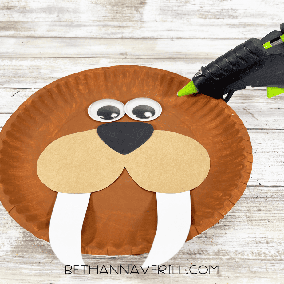 Googly eyes added to the walrus paper plate craft above the muzzle and nose.