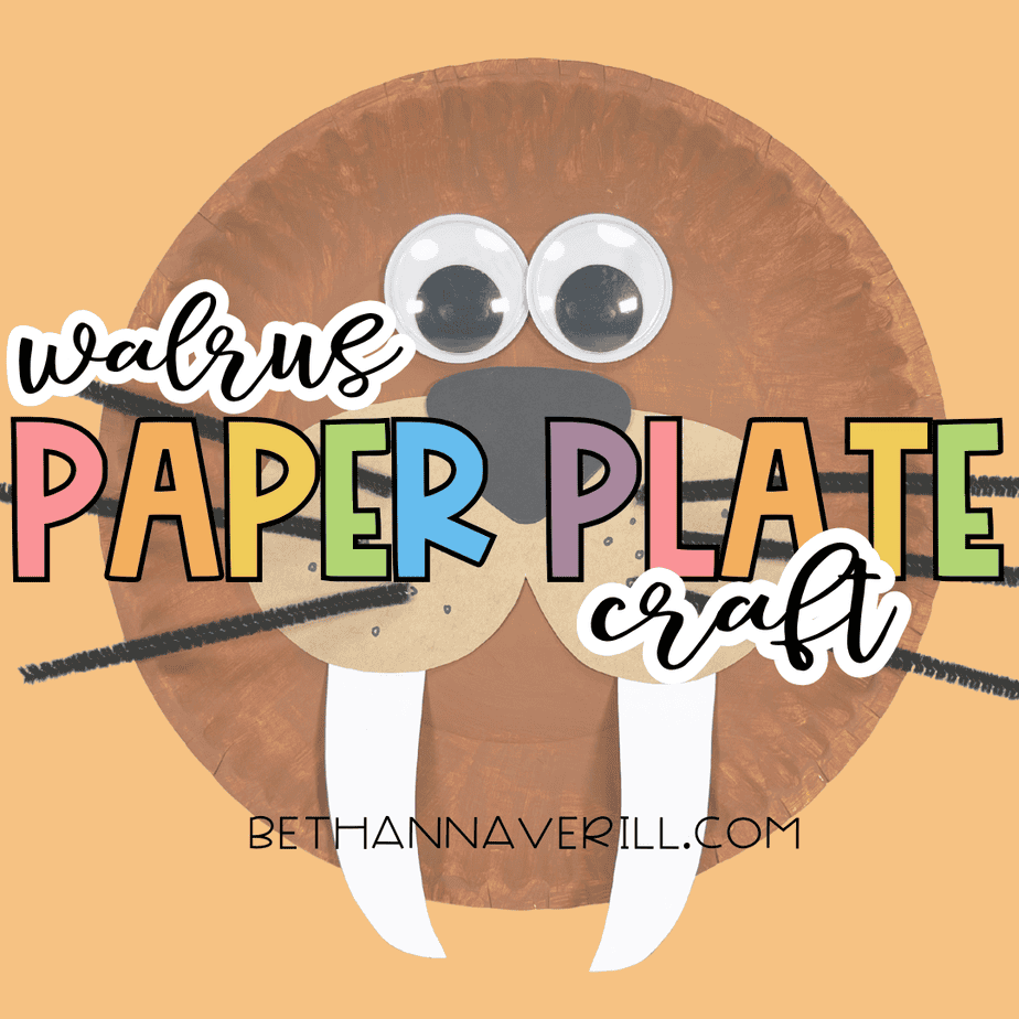 Close-up of the walrus paper plate craft with large googly eyes and tusks, used as a Pinterest-style title graphic.