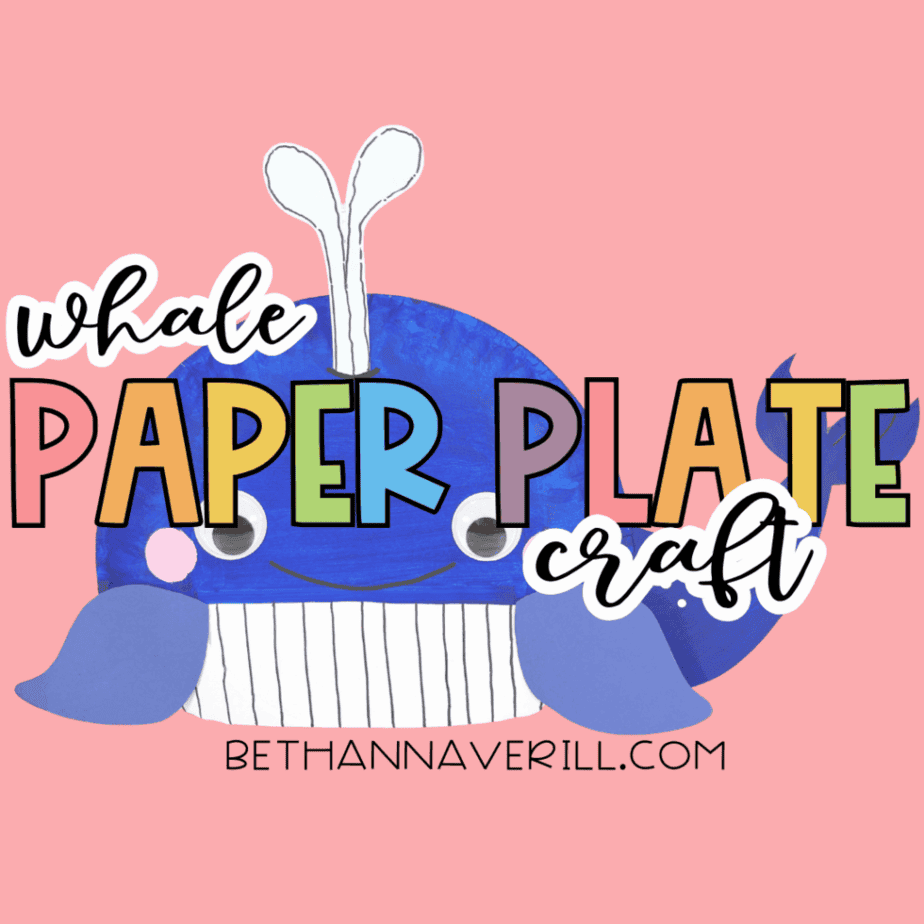 Promotional square graphic for a whale paper plate craft featuring the completed blue whale on a pink background with colorful text reading ‘Whale Paper Plate Craft.