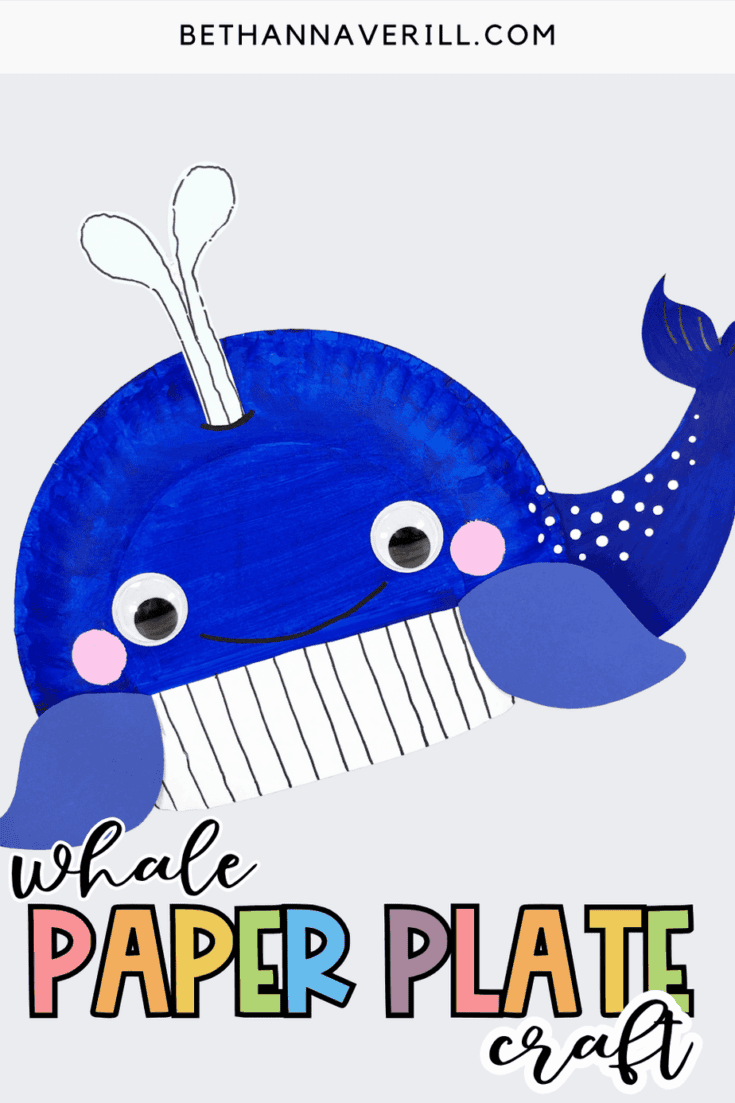 Promotional graphic for a whale paper plate craft showing the completed whale on a light gray background with colorful text that reads ‘Whale Paper Plate Craft.