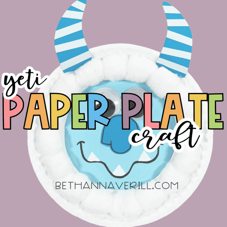 Promotional graphic for a yeti paper plate craft featuring the completed yeti face with cotton ball fur, striped blue horns, and googly eyes, with colorful text reading ‘Yeti Paper Plate Craft’ on a purple background.
