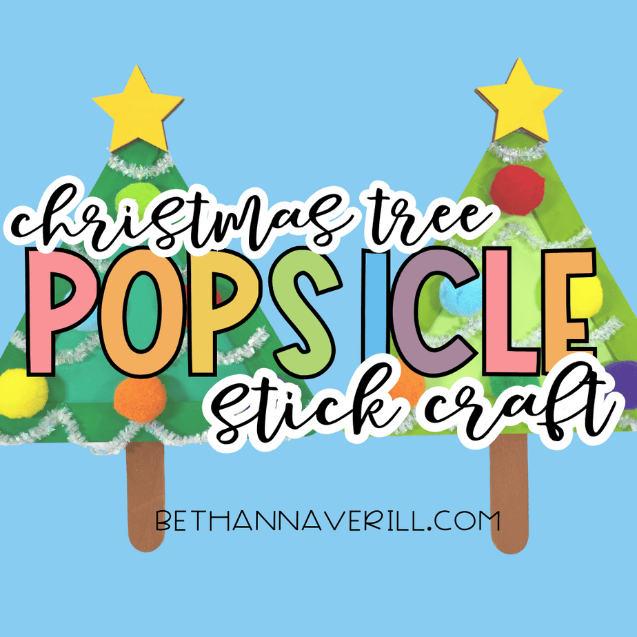 Two popsicle stick Christmas tree crafts on a blue background with text overlay reading “christmas tree popsicle stick craft.”