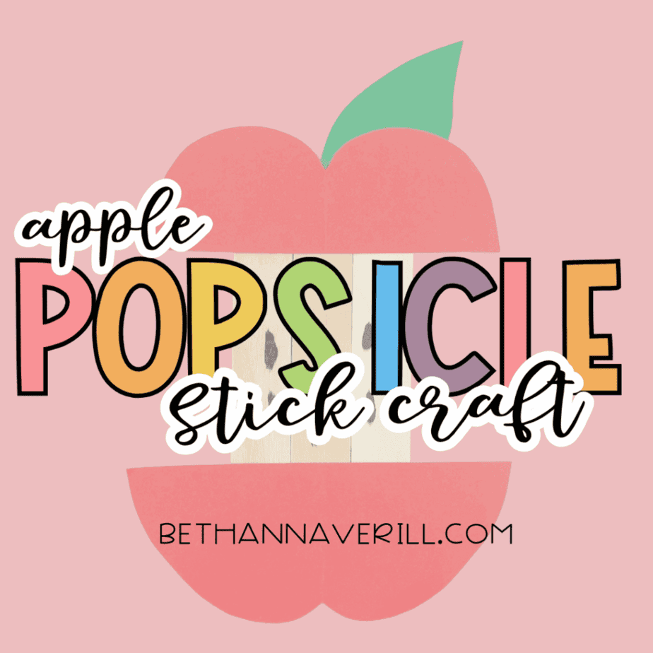 Apple popsicle stick craft displayed on a pink background with text reading “apple popsicle stick craft.”