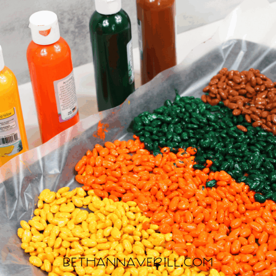 Painted beans in fall colors drying on parchment paper with bottles of acrylic paint in the background.