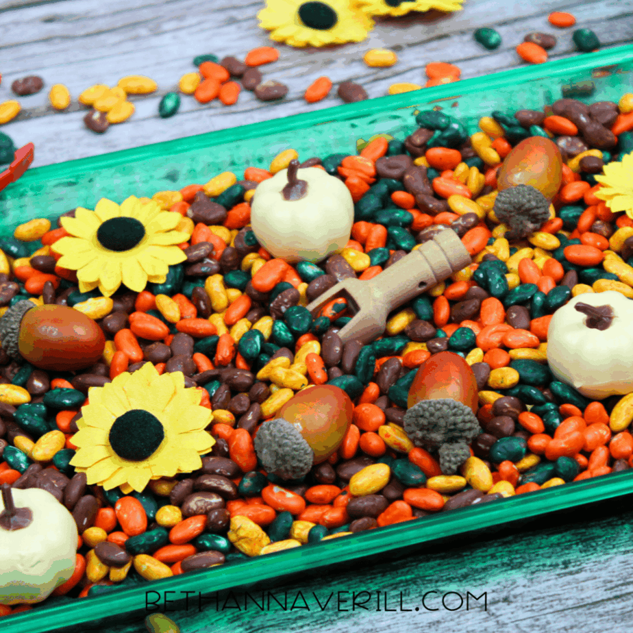 Autumn sensory bin filled with multicolored beans, small pumpkins, acorns, sunflower decorations, and a wooden scoop.