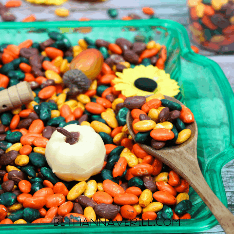 Wooden spoon scooping fall-colored beans next to small pumpkins inside an autumn sensory bin.