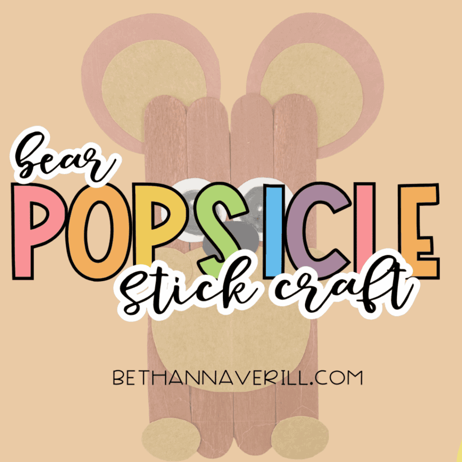 Bear popsicle stick craft displayed on a tan background with colorful text reading “bear popsicle stick craft.”