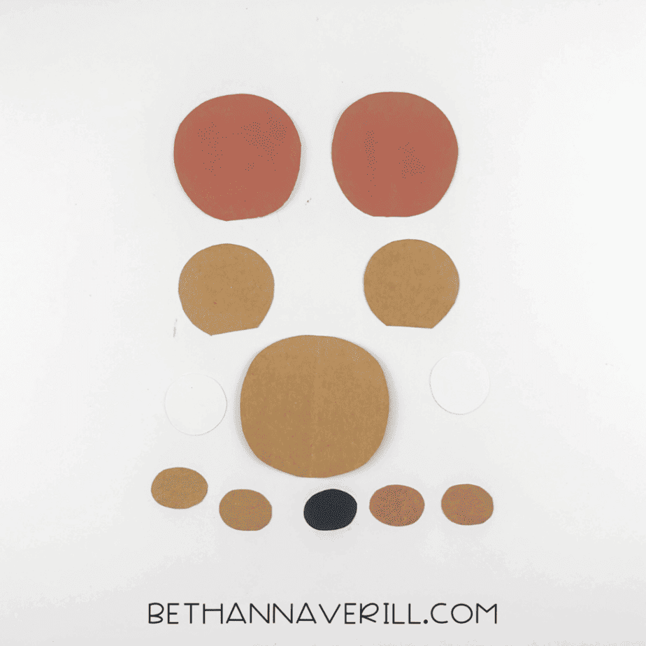 Brown and tan cardstock pieces cut into circles and ovals arranged on a white background.
