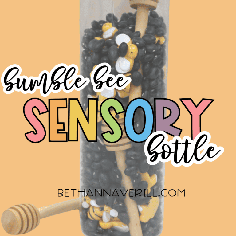 Bumble bee sensory bottle displayed on an orange background with text reading “bumble bee sensory bottle.”
