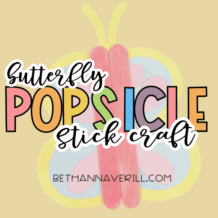 Finished butterfly popsicle stick craft with text reading “Butterfly Popsicle Stick Craft.”
