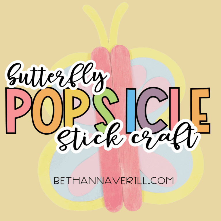 Finished butterfly popsicle stick craft with text reading “Butterfly Popsicle Stick Craft.”