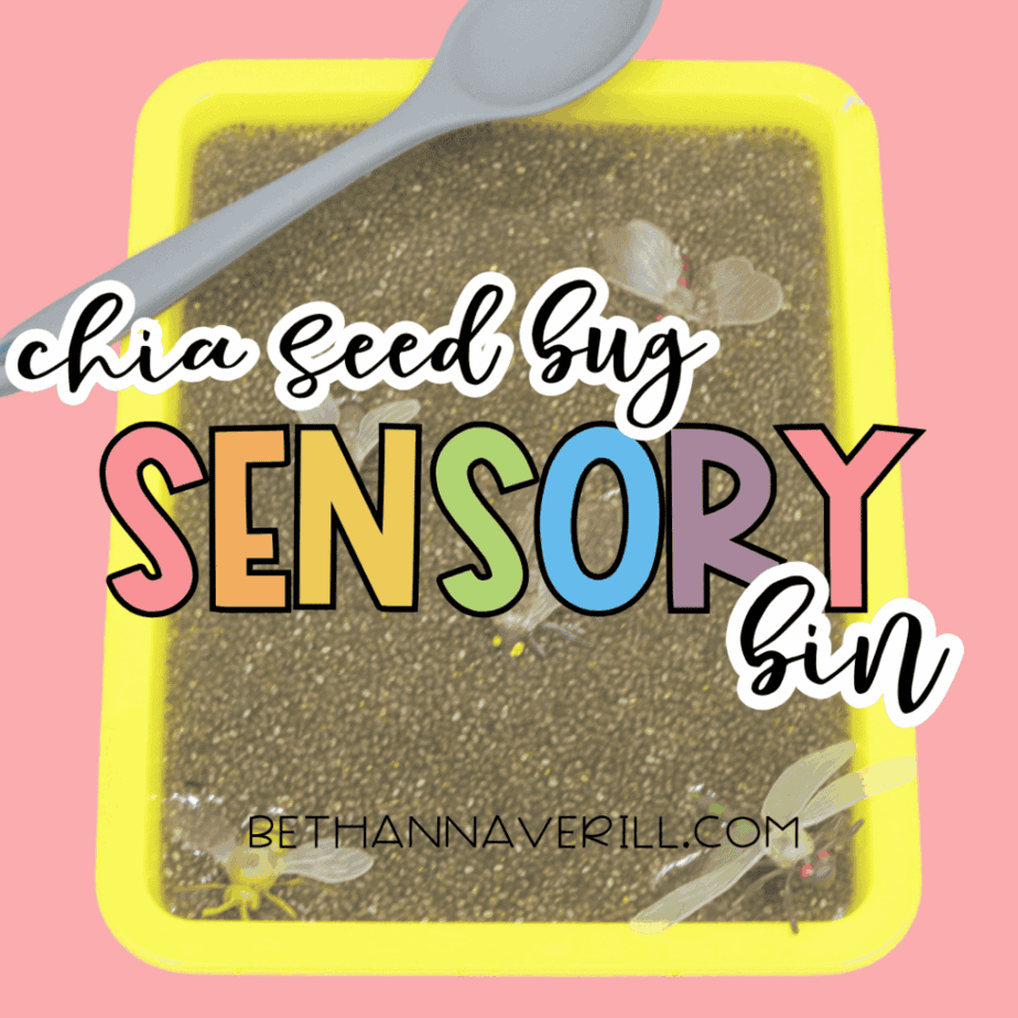 Overhead view of the finished chia seed bug sensory bin with plastic insects partially submerged in the chia seed mixture.