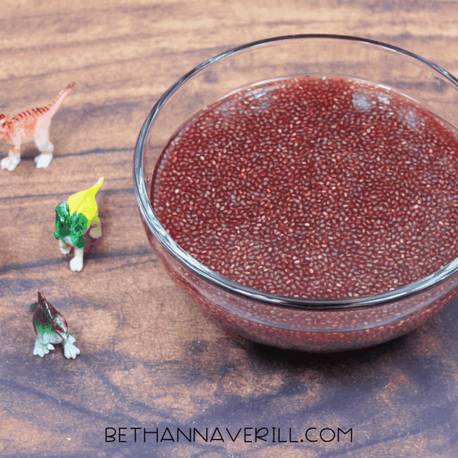 Glass bowl filled with red-colored hydrated chia seeds on a wooden surface, with small plastic dinosaur figures nearby.