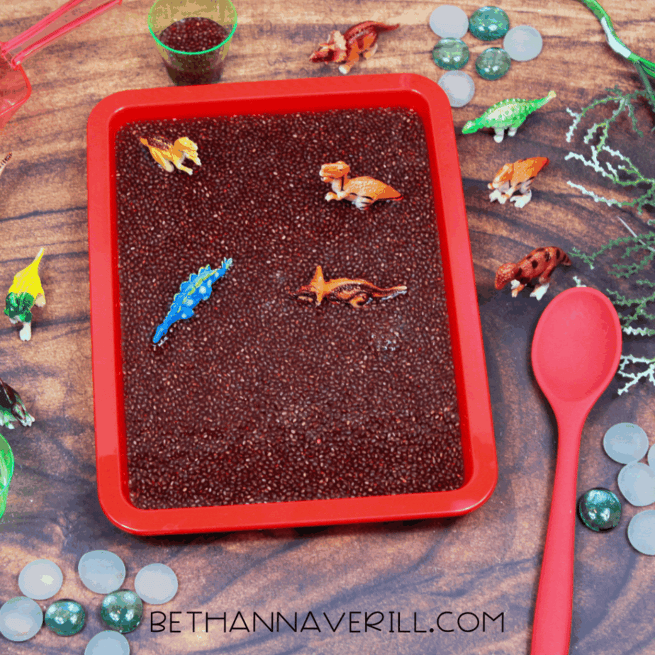 Red sensory tray filled with hydrated chia seeds and several small plastic dinosaurs placed on top.
