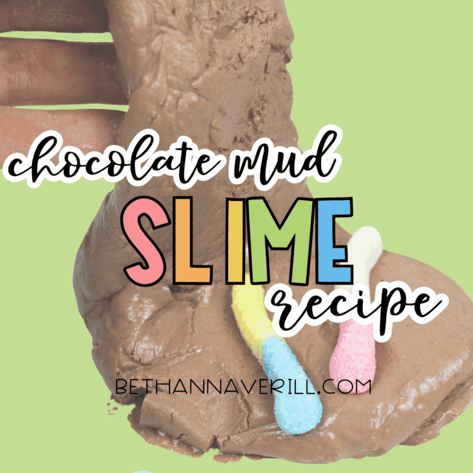 Chocolate-colored slime stretched upward with colorful gummy worms embedded, displayed against a green background with the text “chocolate mud slime recipe.”