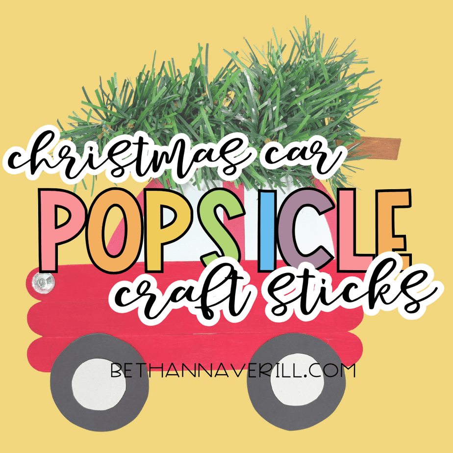 Christmas car popsicle stick craft title image with a red car carrying a tree