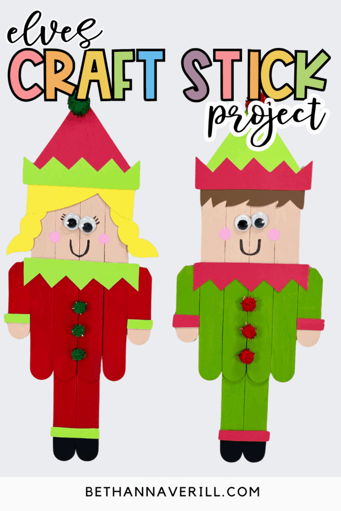 Graphic showing two elf craft stick figures side by side with colorful text reading “elves craft stick project” on a light background.