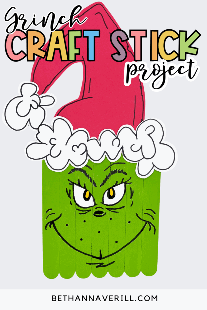 Illustrated graphic showing a green Grinch face made from craft sticks wearing a red Santa hat, with the text “Grinch Craft Stick Project” above it.