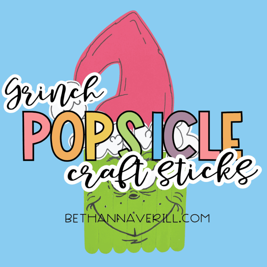 Graphic image showing a Grinch craft made from green craft sticks wearing a red Santa hat, with the text “Grinch Popsicle Craft Sticks” on a blue background.