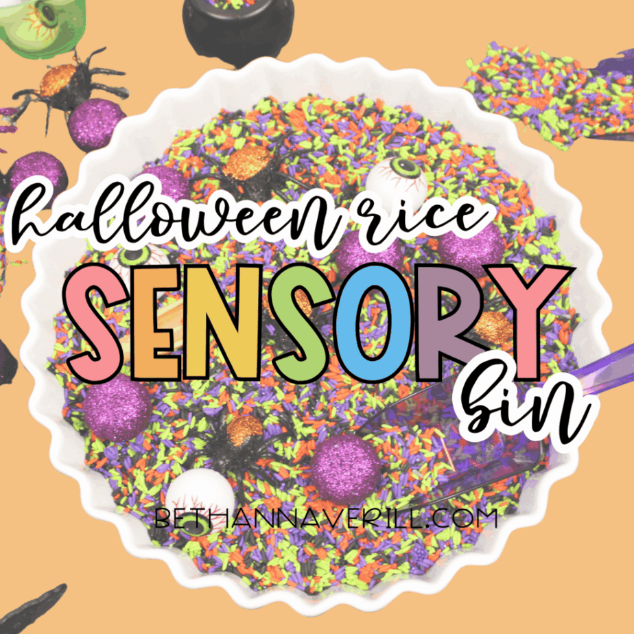 Finished Halloween rice sensory bin with colorful dyed rice, scoops, spiders, and eyeball toys displayed for sensory play.