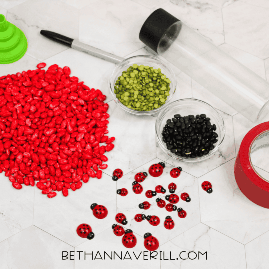Supplies for a ladybug sensory bottle including red painted beans, green split peas, black beans, plastic ladybugs, a clear plastic bottle, funnel, marker, and red duct tape on a white surface.