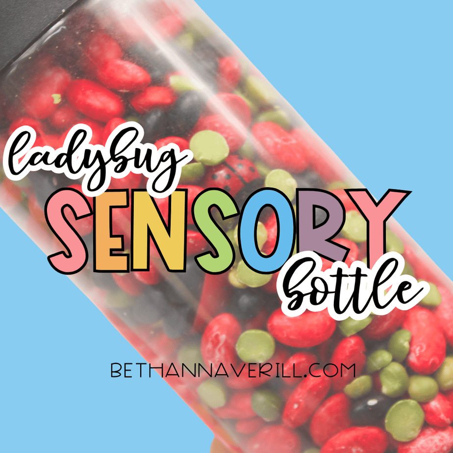 Ladybug sensory bottle filled with red beans, green split peas, black beans, and plastic ladybugs with text reading “Ladybug Sensory Bottle.”