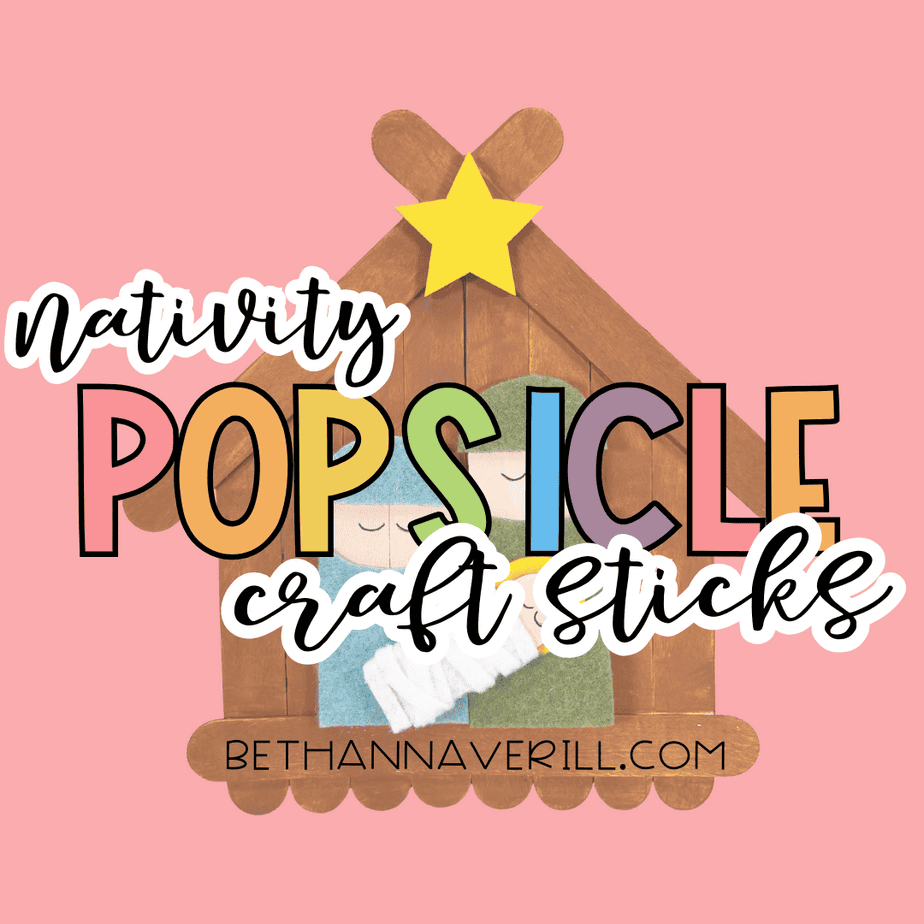 Popsicle stick nativity craft displayed on a pink background with layered text reading “Nativity Popsicle Craft Sticks.”