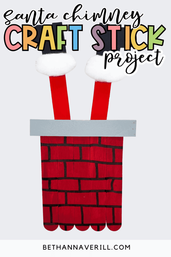 Promotional image of a Santa chimney craft made from red craft sticks with two red legs and black boots sticking out of the top, with colorful text reading “Santa Chimney Craft Stick Project.”