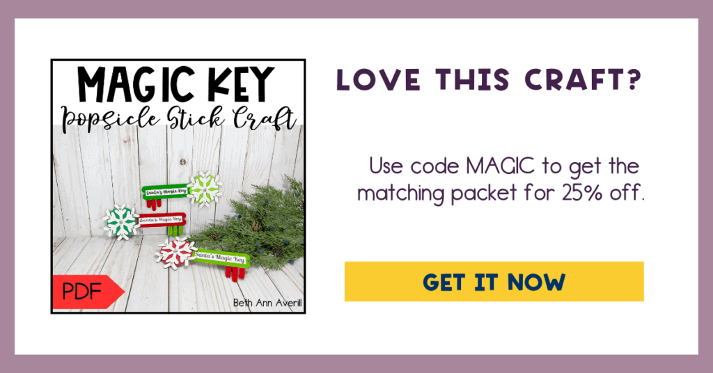 Santa Magic Key popsicle stick craft printable advertisement with finished red and green wooden keys and a 25 percent off coupon code.