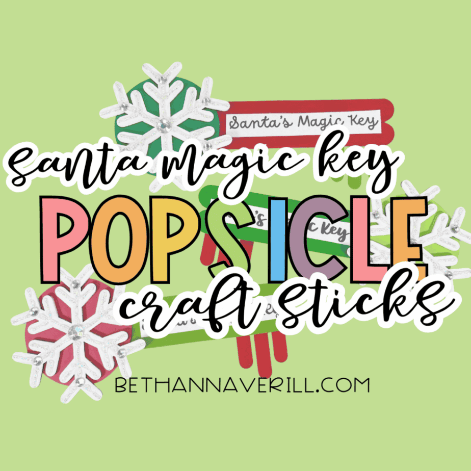 Santa Magic Key popsicle stick craft featured image with colorful text and finished red and green wooden keys on a light green background.