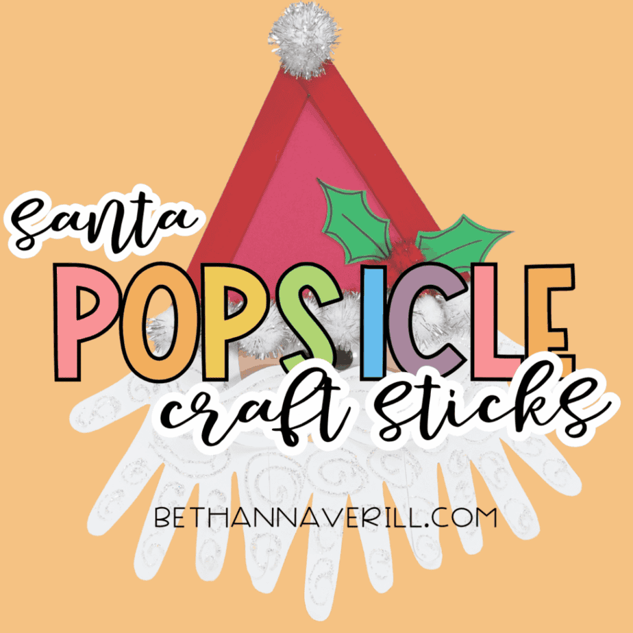 Finished Santa popsicle stick craft promotional image showing a decorated Santa figure with colorful text reading “Santa Popsicle Craft Sticks” on a solid background.