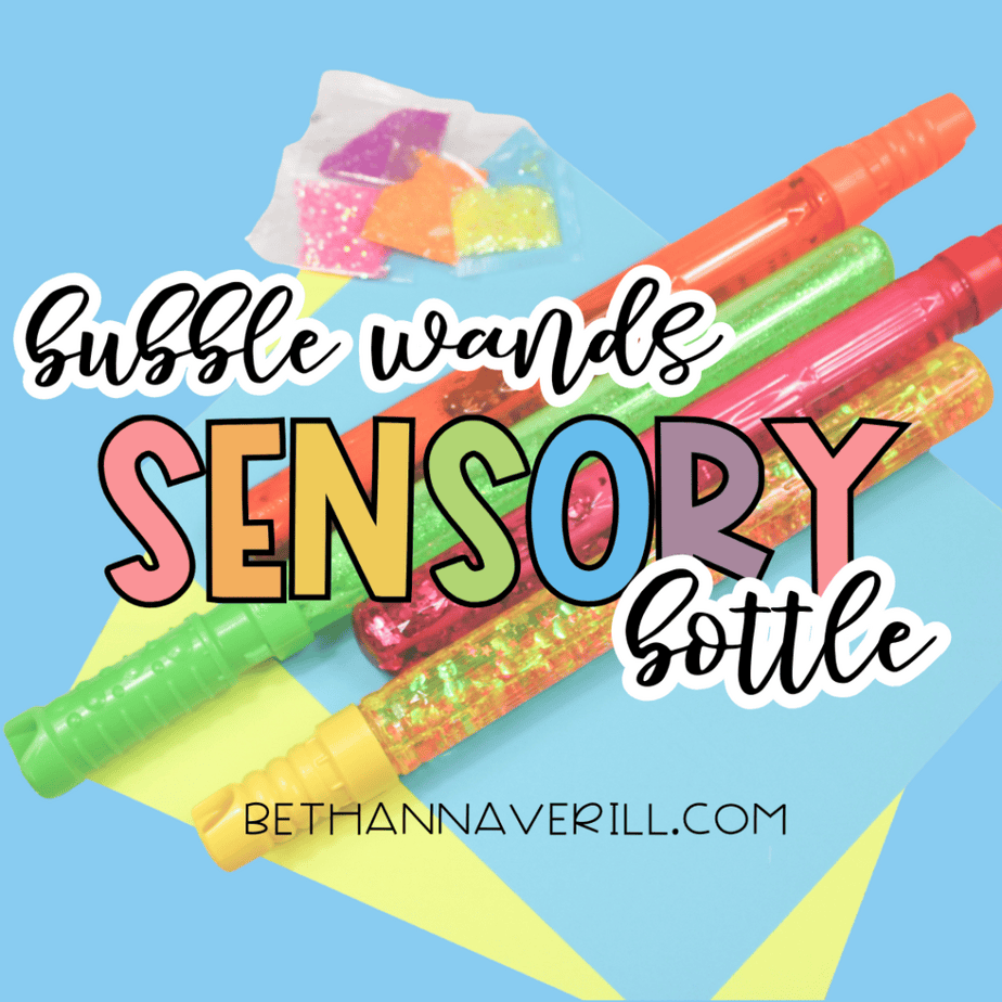 Bubble wands sensory bottle craft with colorful glitter packets on blue and yellow background with title text overlay