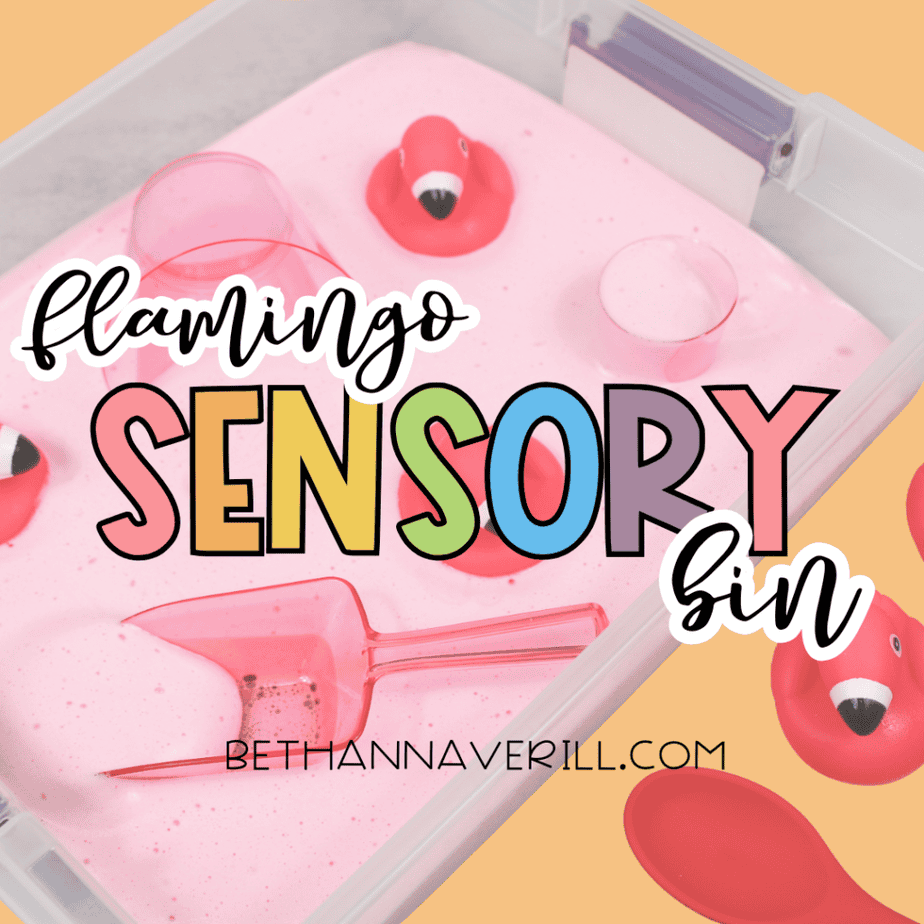 Title image reading “Flamingo Sensory Bin” over a photo of pink aquafaba foam in a sensory bin with flamingo toys and scoops.