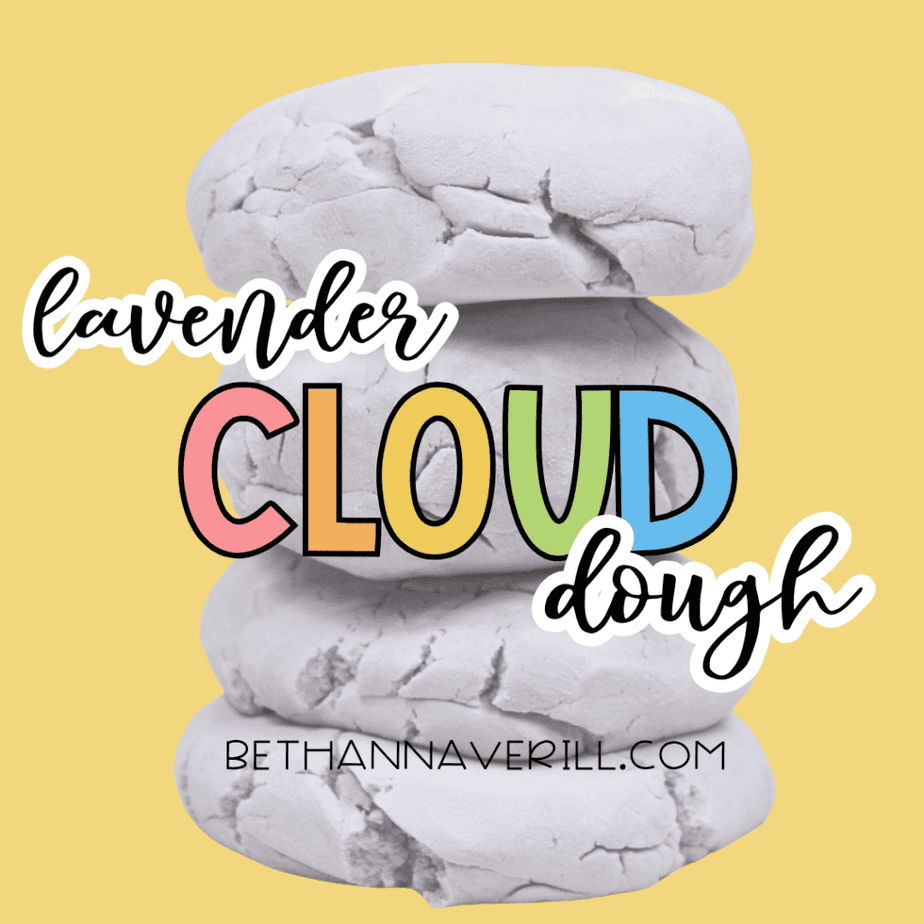 Stacked rounds of lavender cloud dough with text overlay reading “Lavender Cloud Dough” and the website name at the bottom.