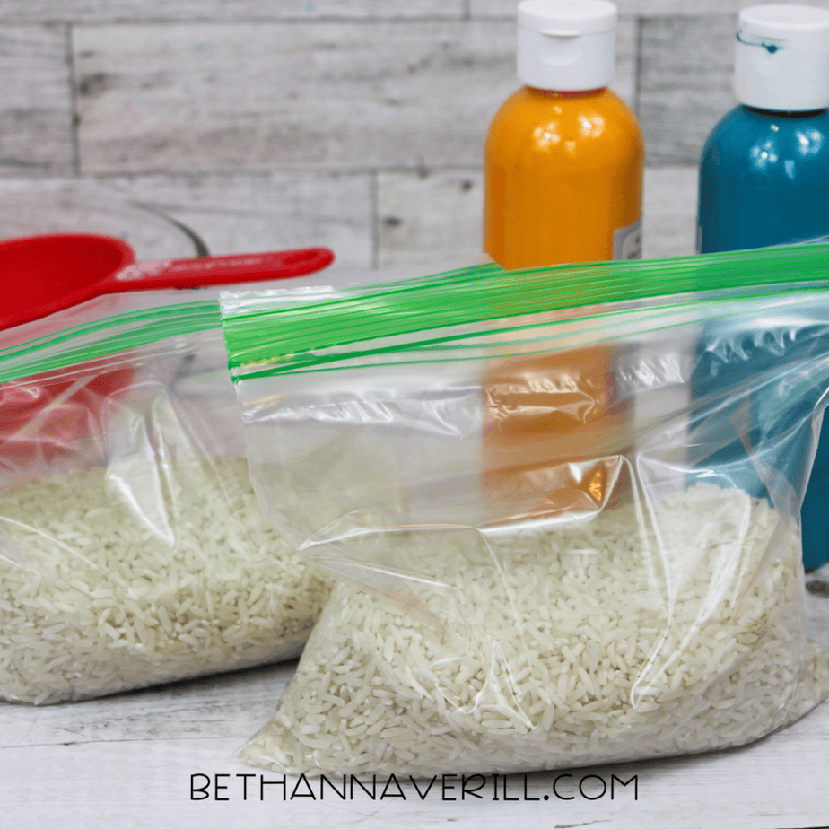 White rice divided into ziplock bags ready for coloring