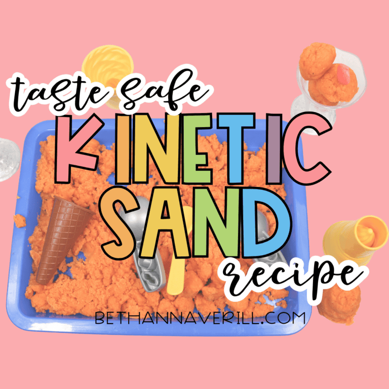 Graphic image with text reading “Taste Safe Kinetic Sand Recipe” over a photo of a blue sensory bin filled with orange kinetic sand and scooping tools.