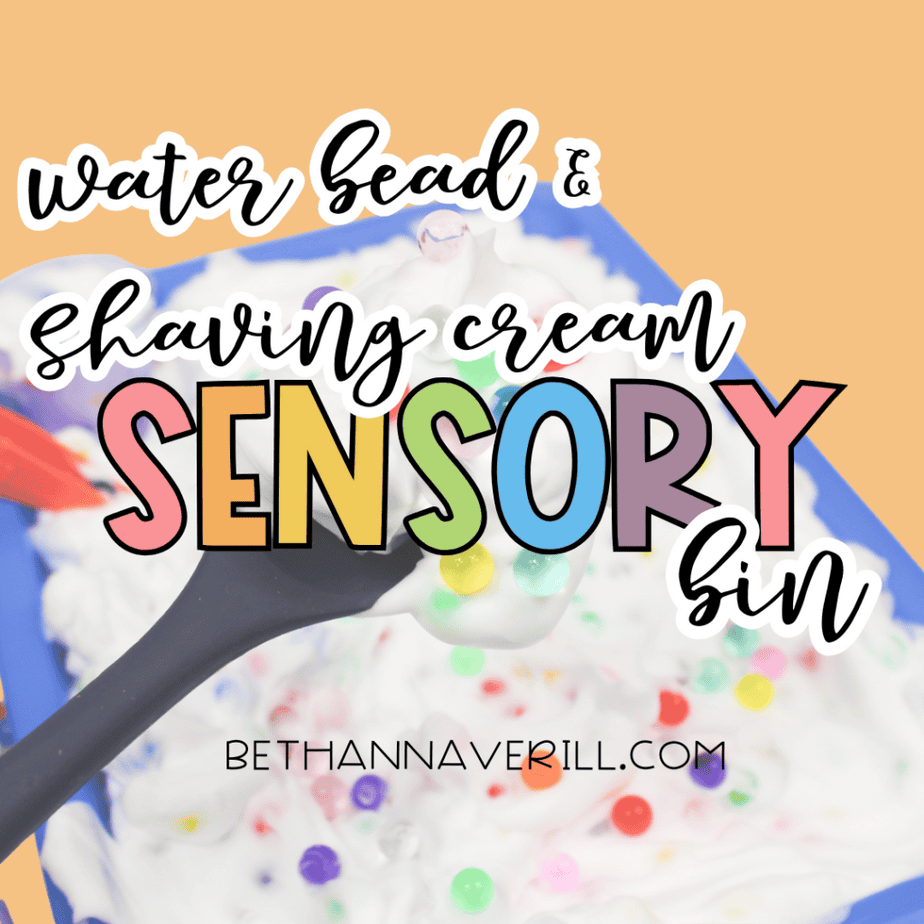 A title graphic reading “Water Bead & Shaving Cream Sensory Bin” over an image of a spoon lifting foam with colorful beads inside a blue tray.