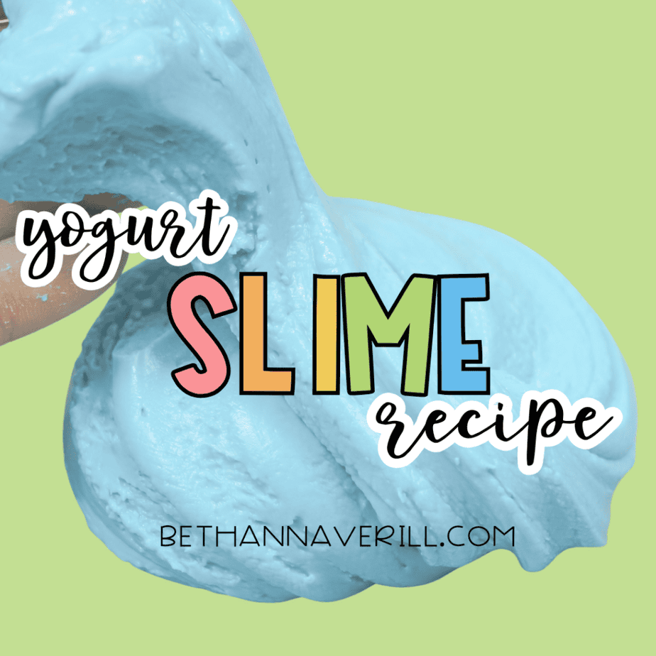 Blue slime stretched in a swirl shape with text overlay reading “yogurt slime recipe” and the website name at the bottom.