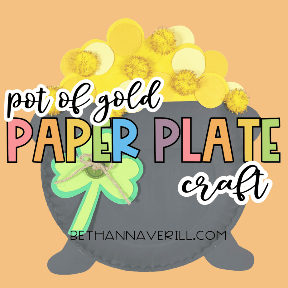 Image of the finished Paper Plate Pot of Gold craft displayed against a solid background with the title “Pot of Gold Paper Plate Craft.”