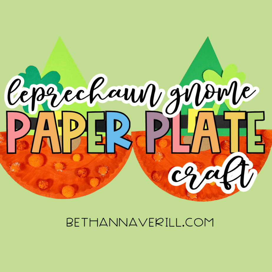 Graphic with two paper plate gnome crafts and the text “leprechaun gnome paper plate craft”.