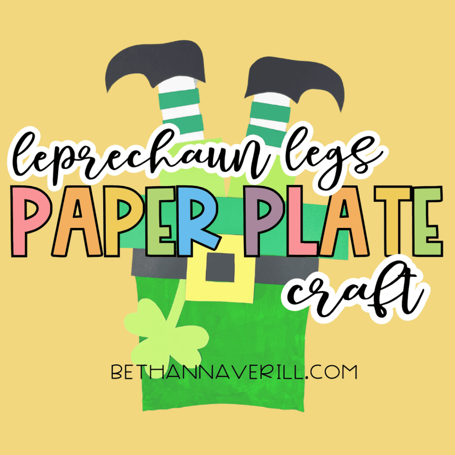 Graphic image showing the completed craft with text reading “leprechaun legs paper plate craft.”