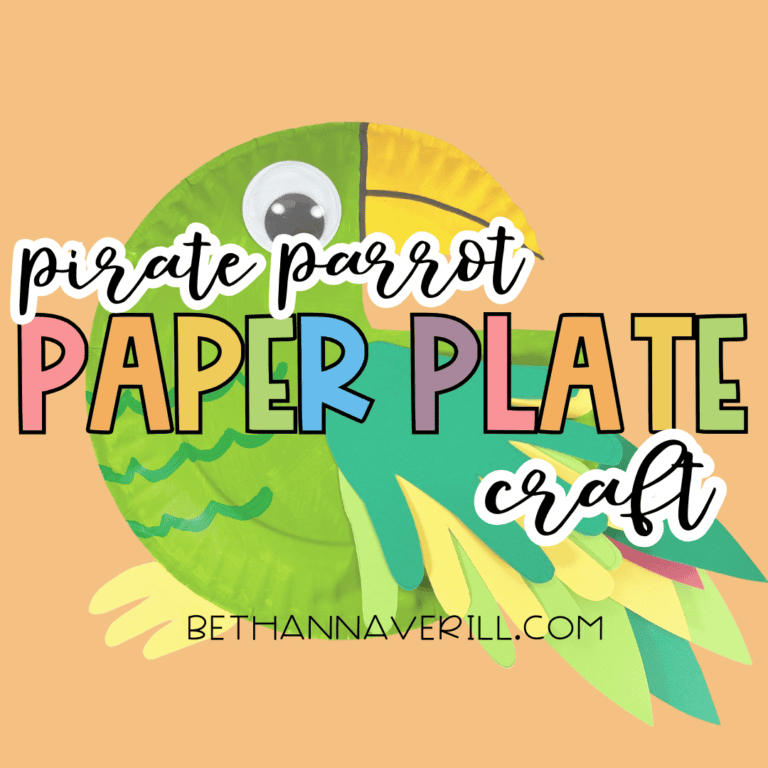 Graphic showing the finished paper plate bird craft with text that reads “pirate parrot paper plate craft.”