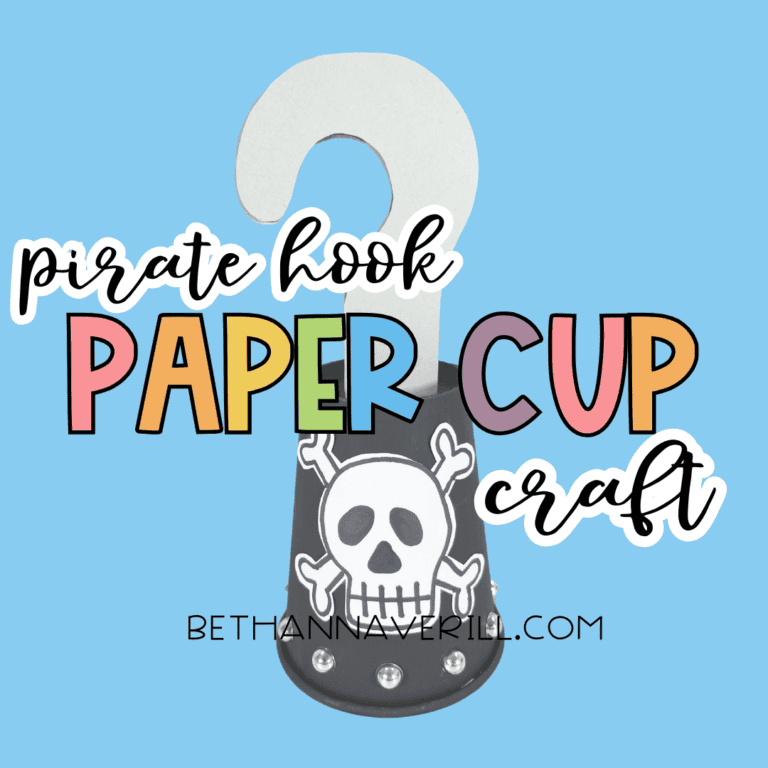 Title image with a pirate hook paper cup craft on a blue background and text that reads “pirate hook paper cup craft”.