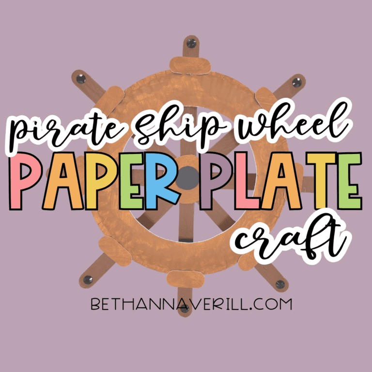 Graphic with the text “pirate ship wheel paper plate craft” over an image of the completed craft.