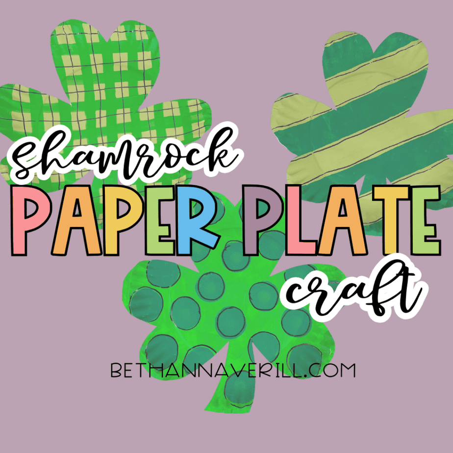 Graphic image with three shamrock crafts and the text “Shamrock Paper Plate Craft” on a purple background.