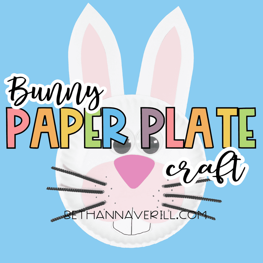 Graphic with the text “Bunny PAPER PLATE craft” over a photo of the completed bunny paper plate craft on a blue background.