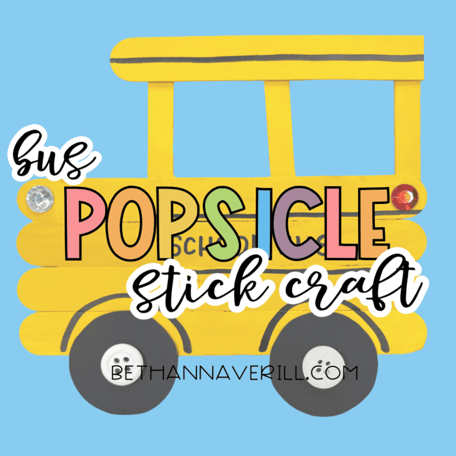 Graphic showing a yellow popsicle stick school bus craft with the text “bus popsicle stick craft” on a blue background.