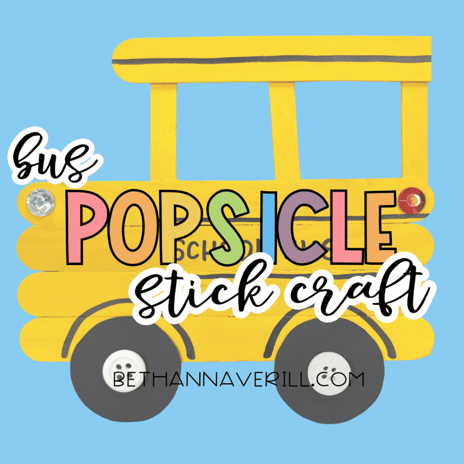 Graphic showing a yellow popsicle stick school bus craft with the text “bus popsicle stick craft” on a blue background.
