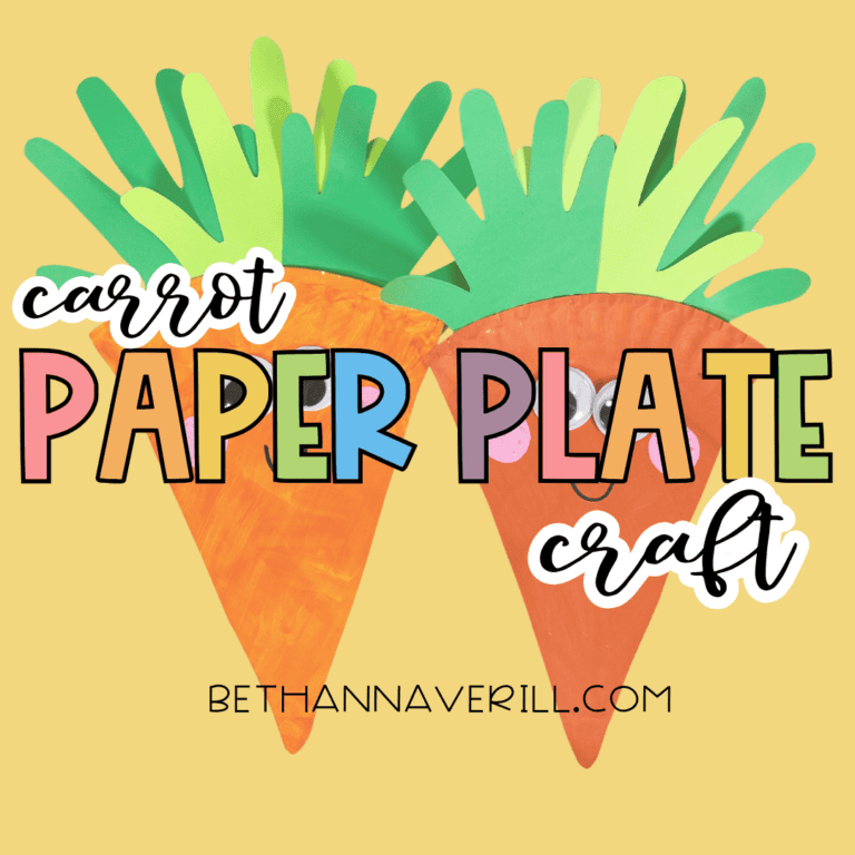 Graphic showing two carrot crafts made from orange triangular paper plate pieces with green hand-shaped paper tops and colorful text that reads “carrot paper plate craft.”
