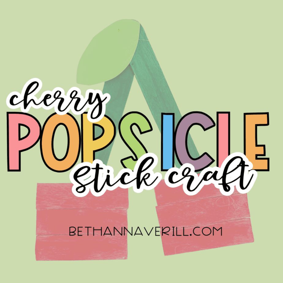 Graphic showing the completed craft with two sets of red craft sticks connected by green sticks and a leaf, with text that reads “cherry popsicle stick craft.”